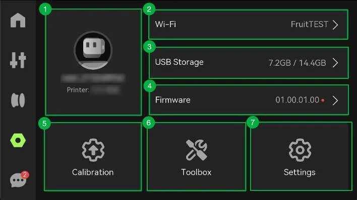 Сторінка налаштувань сенсорного екрана принтера з обліковим записом, Wi-Fi, накопичувачем USB, прошивкою, калібруванням, набором інструментів та налаштуваннями