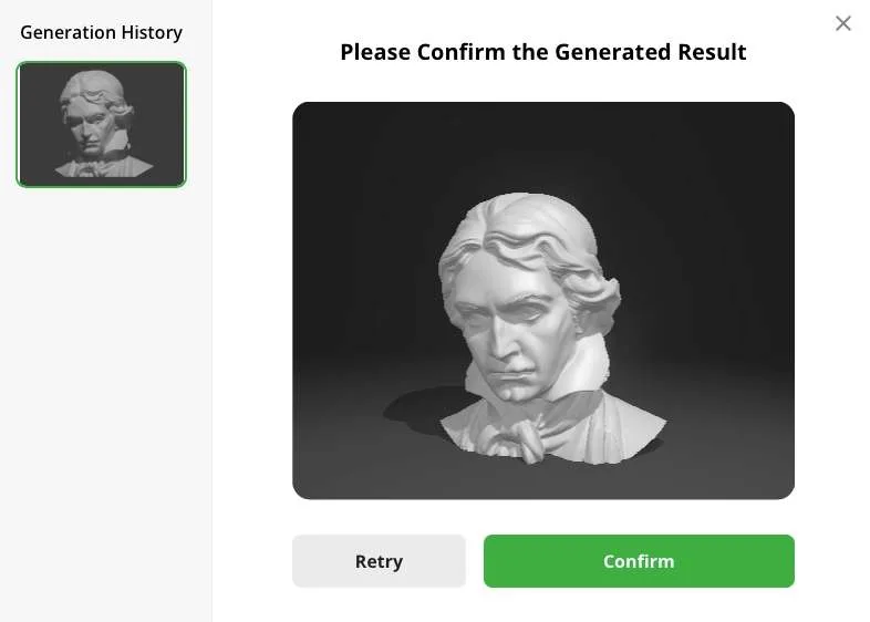 Діалогове вікно Please Confirm the Generated Result зі згенерованим бюстом, кнопками Retry і Confirm та панеллю Generation History