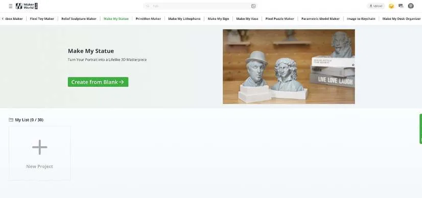 Сторінка інструмента Make My Statue з кнопкою Create from Blank і плиткою New Project у розділі My List