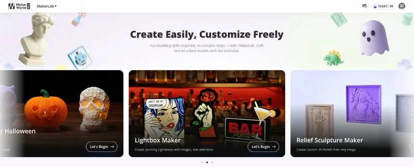 Головна сторінка MakerLab зі слоганом Create Easily, Customize Freely та інструментами, зокрема Lightbox Maker і Relief Sculpture Maker
