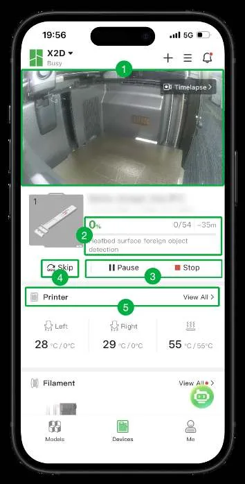 Сторінка Devices у Bambu Handy для принтера X2D з пронумерованими виносками 1–5, що позначають вигляд з камери, панель прогресу, керування завданням, пропуск деталей і налаштування принтера