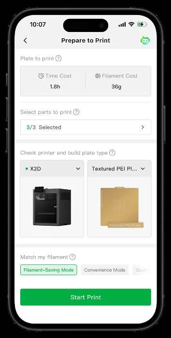 Екран «Prepare to Print» у Bambu Handy із зазначенням часу та витрат філаменту, деталей для друку, вибором принтера X2D і пластини Textured PEI Plate та перемикачем режиму Filament-Saving / Convenience