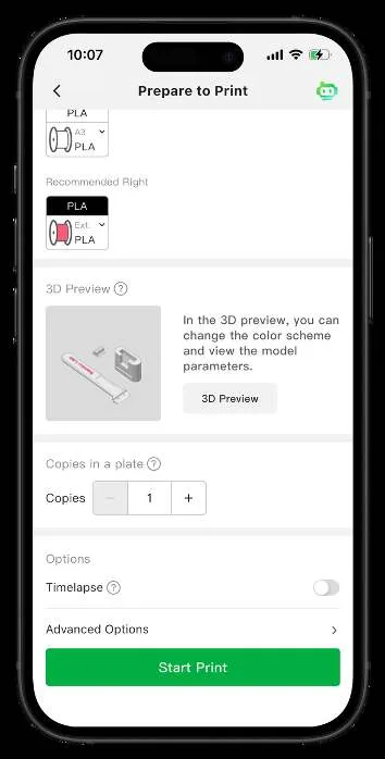 Екран «Prepare to Print» у Bambu Handy із призначенням філаменту для лівого та правого сопла, панеллю 3D-попереднього перегляду, селектором копій, перемикачем Timelapse, розділом Advanced Options та кнопкою «Start Print»