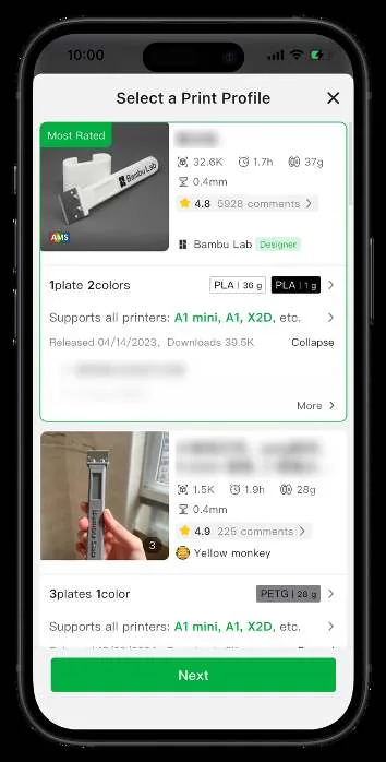 Панель «Select a Print Profile» у Bambu Handy зі списком профілів друку з матеріалом, вагою, часом друку та сумісними принтерами й зеленою кнопкою «Next»