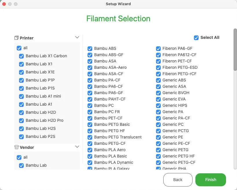 Екран «Filament Selection» у майстрі налаштування Bambu Studio з панеллю фільтрів Printer і Vendor зліва та довгим списком філаментів Bambu й універсальних (ABS, ASA, PC, PLA, PETG, варіанти CF/GF) з опцією «Select All»