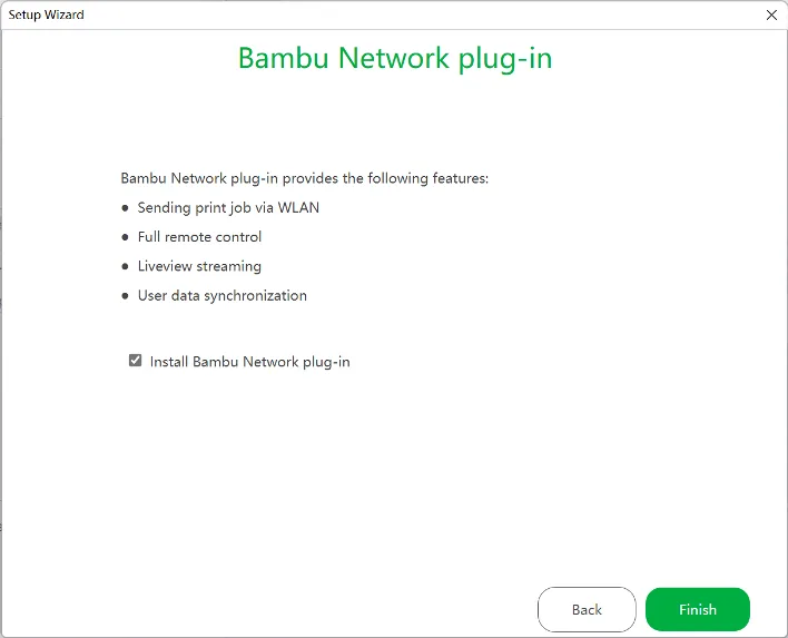 Діалогове вікно «Bambu Network plug-in» у Bambu Studio зі списком функцій — надсилання завдання друку через WLAN, повне віддалене керування, трансляція живого перегляду, синхронізація даних користувача — з прапорцем «Install Bambu Network plug-in» та кнопками Back / Finish