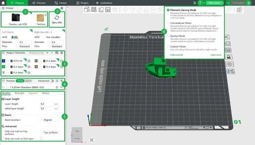 Інтерфейс підготовки Bambu Studio, що показує область перегляду пластини з моделлю та ліву панель з пронумерованими виносками 1–5 для вибору принтера, Sync info, Project Filaments, передналаштування процесу та параметрів слайсингу