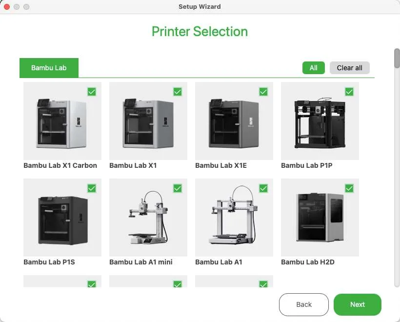 Екран «Printer Selection» у майстрі налаштування Bambu Studio із сіткою моделей принтерів Bambu Lab (X1 Carbon, X1, X1E, P1P, P1S, A1 mini, A1, H2D), кожна із зеленою галочкою, та кнопками Back / Next