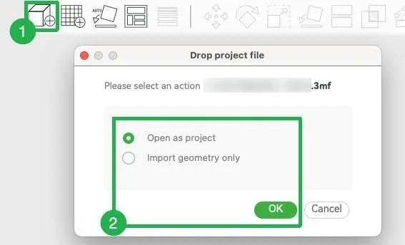 Діалог імпорту 3MF із варіантами Open as project та Import geometry only