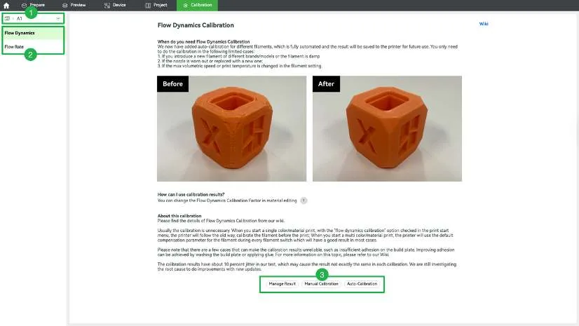 Сторінка Calibration у Bambu Studio з типом калібрування й параметрами