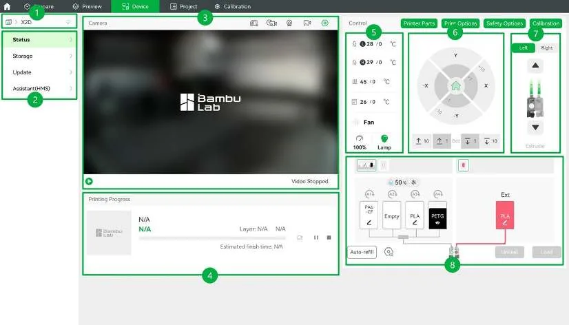 Сторінка Device у Bambu Studio зі станом принтера, живим відео й панелями керування