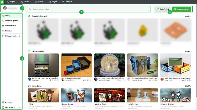 Головна сторінка Bambu Studio з обліковим записом, навігацією, пошуком і областю проєктів