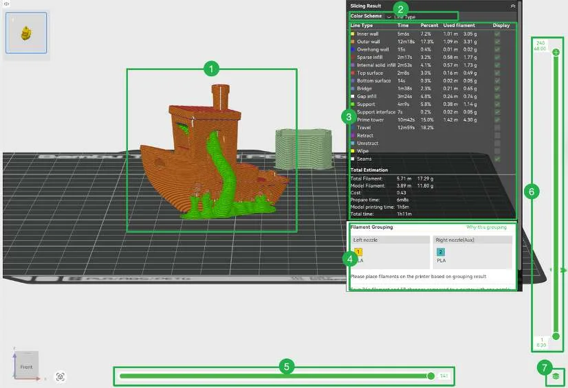 Сторінка Preview у Bambu Studio зі слайснутою моделлю, кольоровою схемою й повзунками шарів