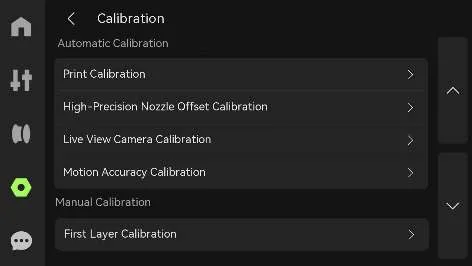 Меню Calibration принтера зі списком Print Calibration, High-Precision Nozzle Offset Calibration, Live View Camera Calibration, Motion Accuracy Calibration та First Layer Calibration