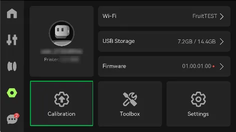 Головний екран принтера з виділеною плиткою Calibration поруч із Toolbox та Settings