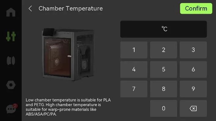 Екран Chamber Temperature принтера з цифровою клавіатурою для введення цільової температури в °C