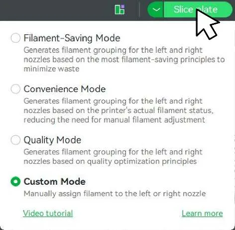 Спливаюче вікно режимів групування з вибраним Custom Mode під кнопкою Slice plate