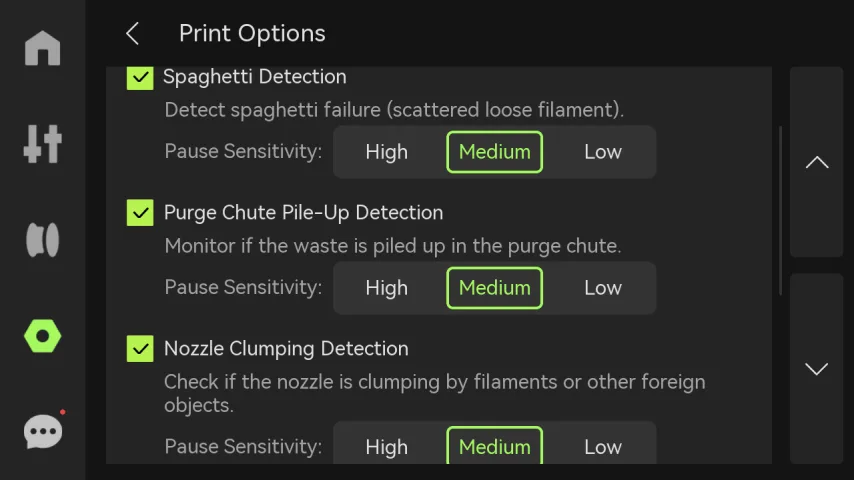 Екран Print Options принтера з перемикачами Spaghetti Detection, Purge Chute Pile-Up Detection та Nozzle Clumping Detection і налаштуваннями чутливості паузи High/Medium/Low