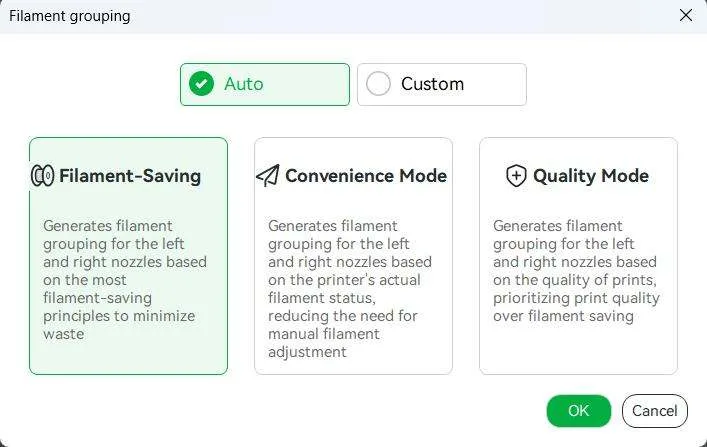 Діалогове вікно групування філаментів із вкладками Auto та Custom і картками Filament-Saving, Convenience Mode та Quality Mode