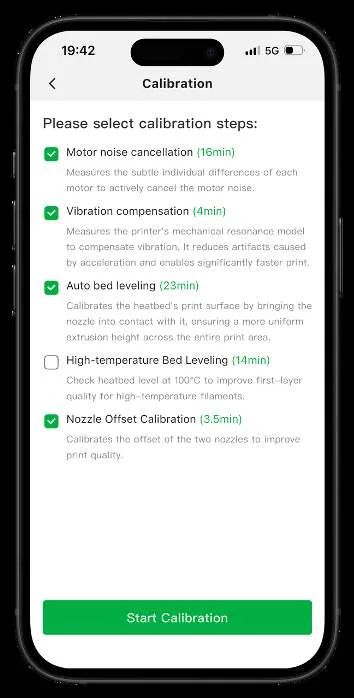 Екран калібрування Bambu Handy зі списком доступних для вибору кроків: motor noise cancellation, vibration compensation, auto bed leveling, high-temperature bed leveling та nozzle offset calibration, з кнопкою Start Calibration