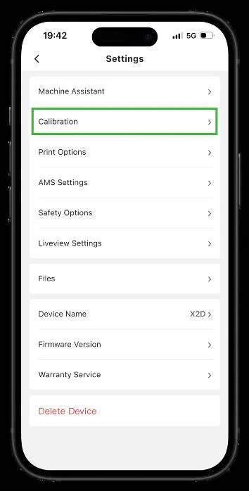 Екран Settings у Bambu Handy з виділеним пунктом Calibration у списку