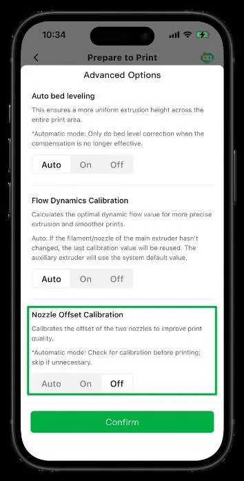 Advanced Options у Bambu Handy з Nozzle Offset Calibration у положенні Off