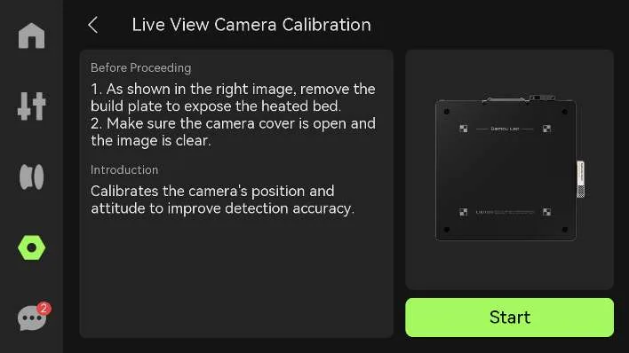 Екран Live View Camera Calibration принтера з інструкціями перед початком та кнопкою Start