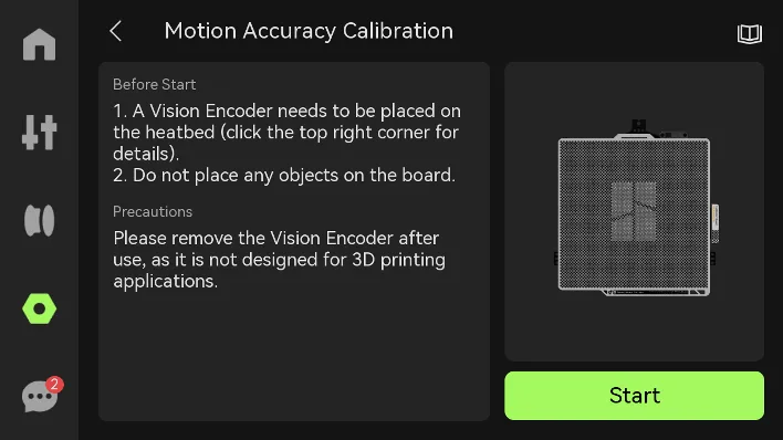 Екран Motion Accuracy Calibration принтера з інструкціями розмістити візуальний енкодер на нагрівальному столі та кнопкою Start