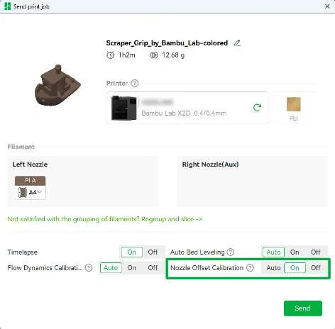 Вікно Send print job у Bambu Studio з виділеним параметром Nozzle Offset Calibration