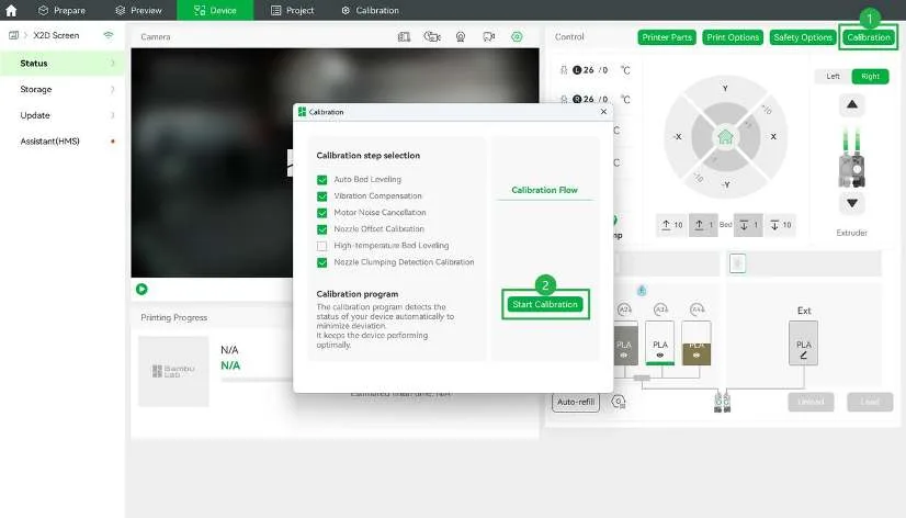 Сторінка Device у Bambu Studio з відкритим діалоговим вікном Calibration, що показує вибір кроків та кнопку Start Calibration