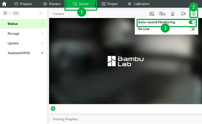 Вигляд камери на сторінці Device в Bambu Studio з виділеним перемикачем Auto-record Monitoring