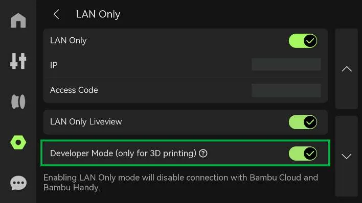 Екран LAN Only з увімкненим LAN Only та виділеним перемикачем Developer Mode