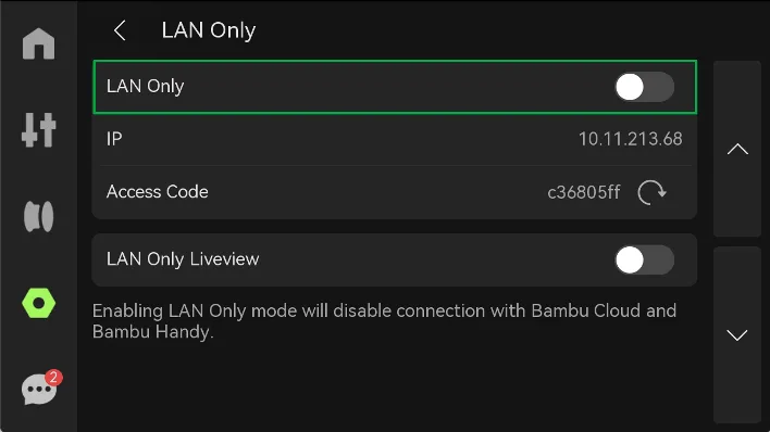Екран LAN Only, що показує IP-адресу, код доступу (Access Code) та перемикачі LAN Only Liveview