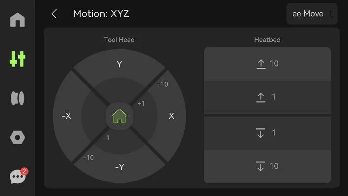 Екран Motion XYZ із хрестовиною напрямків для друкувальної голови та елементами керування вгору/вниз для нагрівального столу