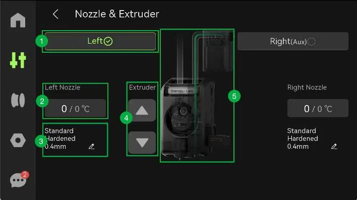 Екран Nozzle & Extruder із пронумерованими елементами керування для вибору сопла, температури, інформації, екструдера та стану