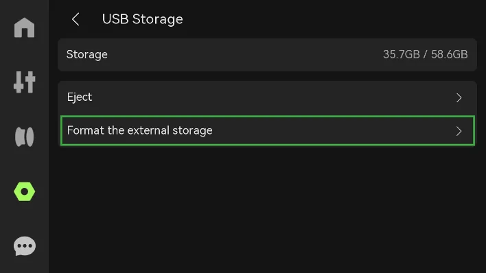 Екран USB Storage, що показує використання сховища та опції Eject і Format the external storage