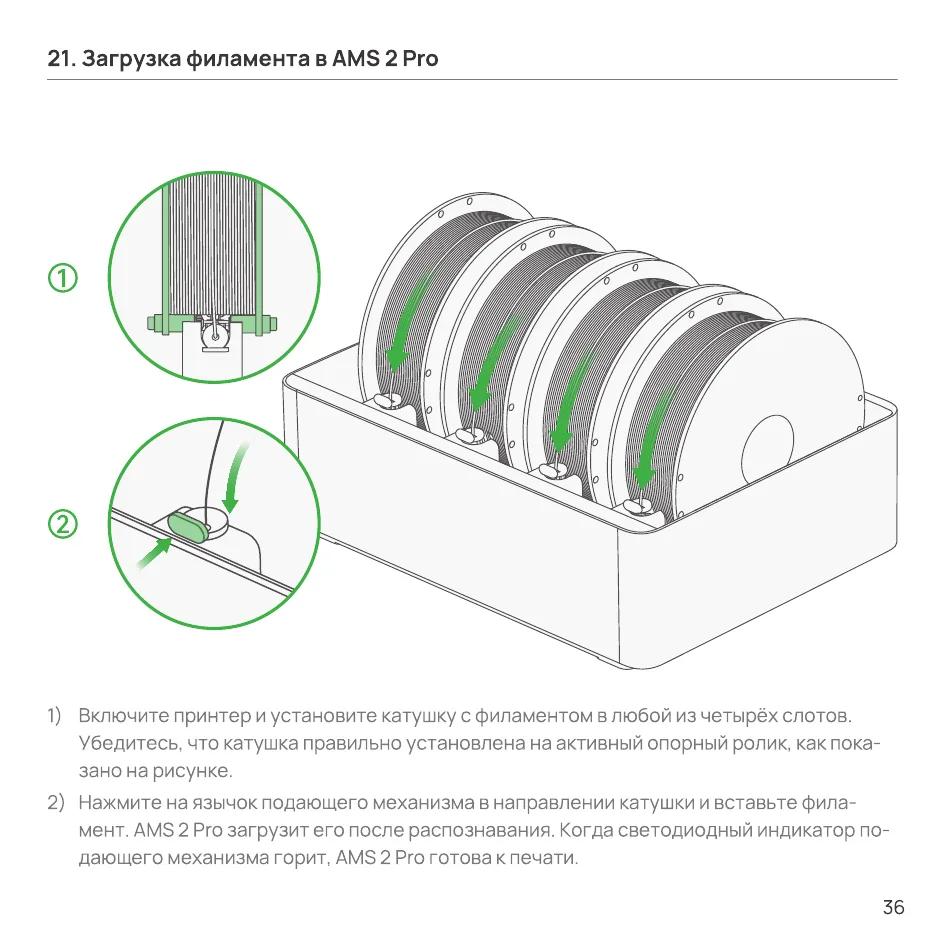 Установка катушки в слот AMS 2 Pro и загрузка филамента