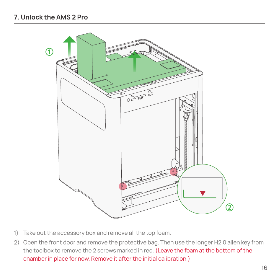 Removing the accessory box, top foam, and two red-marked screws