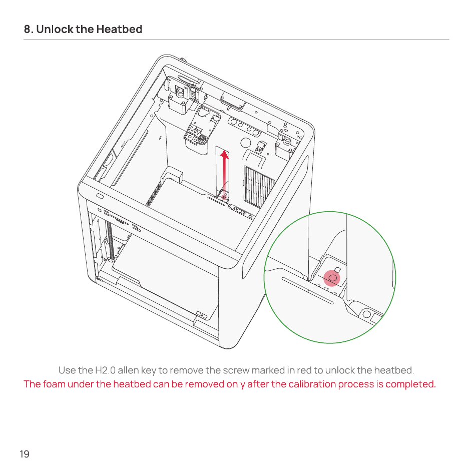 Removing the red-marked screw that locks the heatbed
