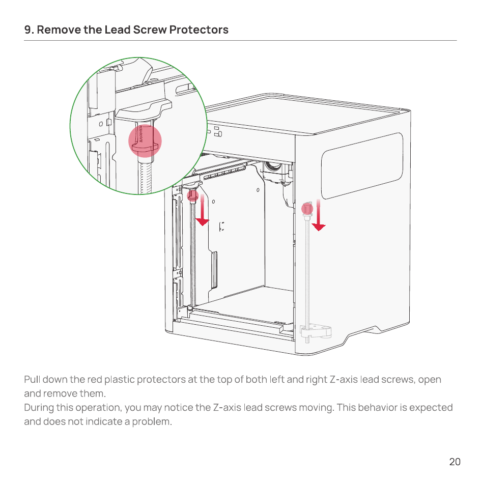 Pulling down the red plastic protectors on both Z-axis lead screws