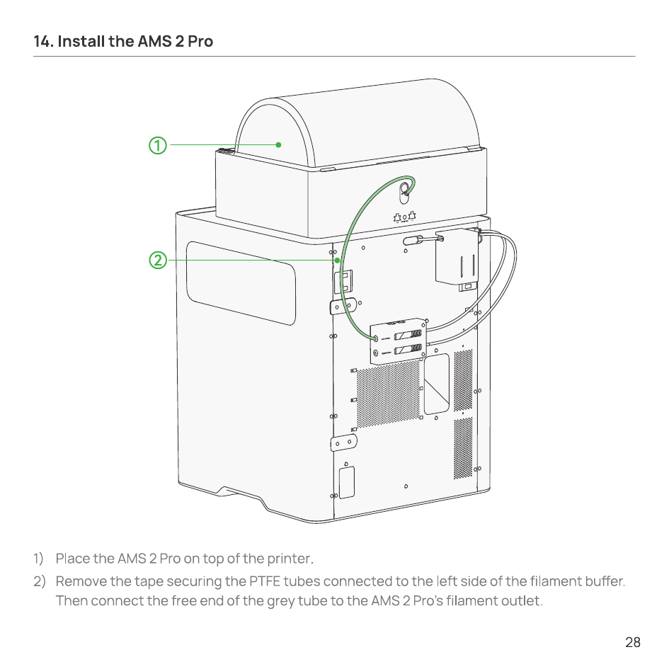 Placing the AMS 2 Pro on top of the printer and connecting the grey tube