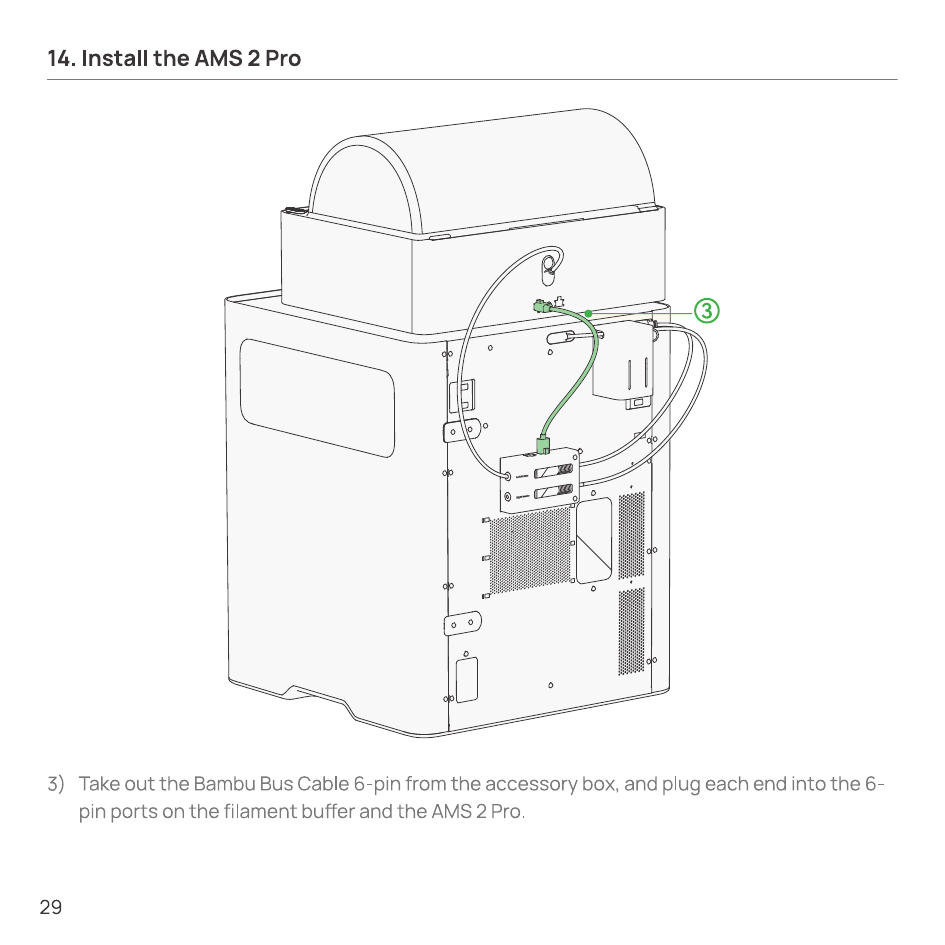 Connecting the Bambu Bus Cable 6-pin between the filament buffer and the AMS 2 Pro