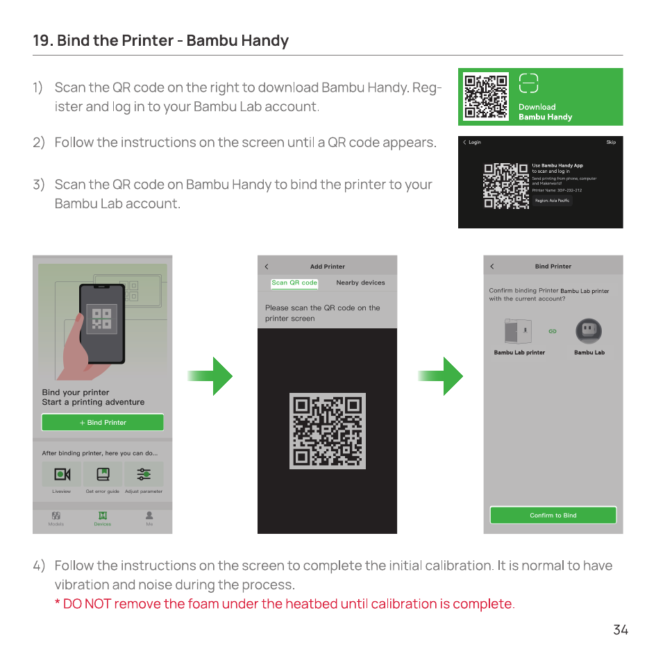Bambu Handy binding flow: download, scan QR code, and confirm binding