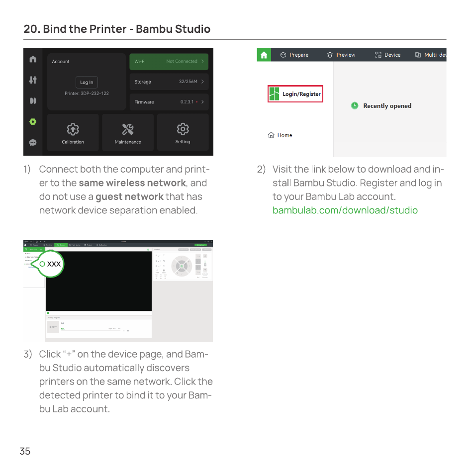Bambu Studio binding flow: connect to the network, log in, and add the printer
