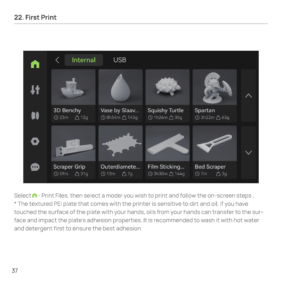 Printer touchscreen showing the internal print-file gallery with model previews, times, and weights