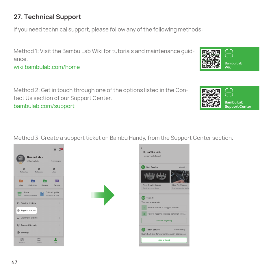 Technical support methods: Bambu Lab Wiki, Support Center, and creating a ticket in Bambu Handy