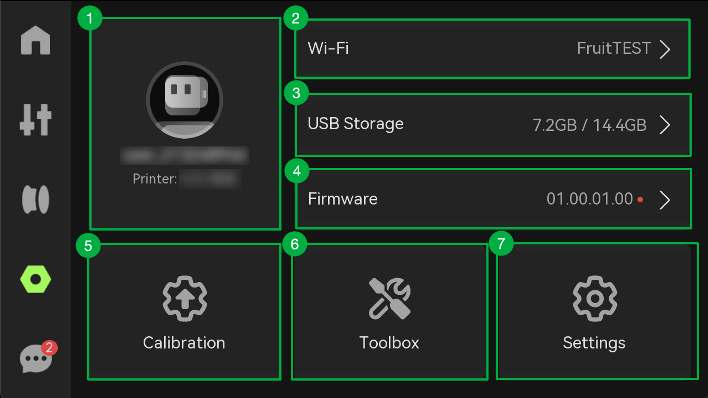 Страница «Настройки» сенсорного экрана принтера с учётной записью, Wi-Fi, USB-накопителем, прошивкой, калибровкой, набором инструментов и настройками