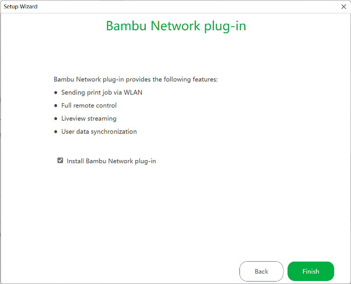 Диалоговое окно «Сетевой плагин Bambu» в Bambu Studio со списком функций — отправка задания печати по Wi-Fi, полное удалённое управление, потоковая трансляция, синхронизация пользовательских данных — с флажком «Установить сетевой плагин Bambu» и кнопками «Назад / Готово»